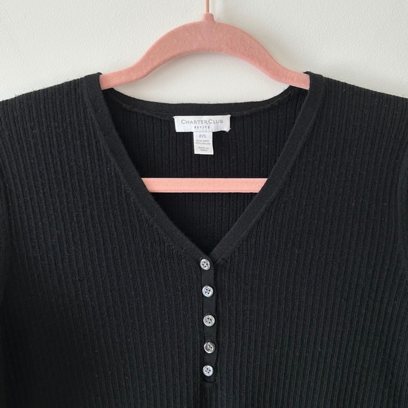3/$20🌻Charter Club Black Wool Ribbed Henley V-Neck Sweater - Picture 5 of 16